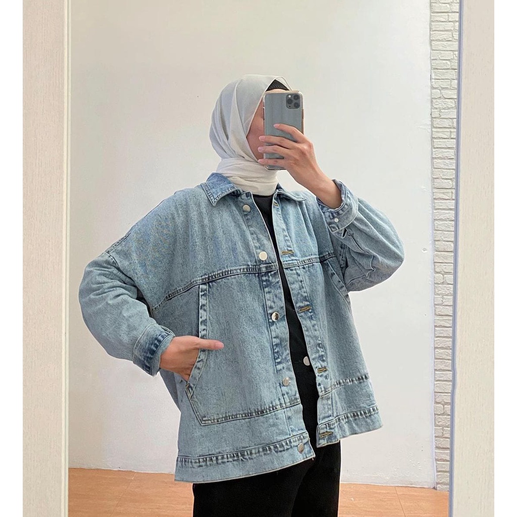 Jaket Jeans Oversize LD 110 - 150 // Jaket Jumbo Saku Wanita Sandwash Denim Premium-OZAMA LIGHT LD130