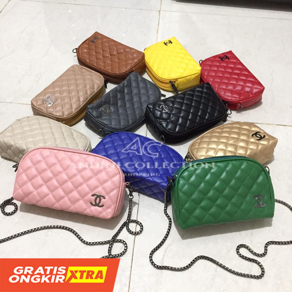 Clutch Chanel Sling Bag Chanel Kerang 2zip Grey - Tas Selempang Wanita 0999