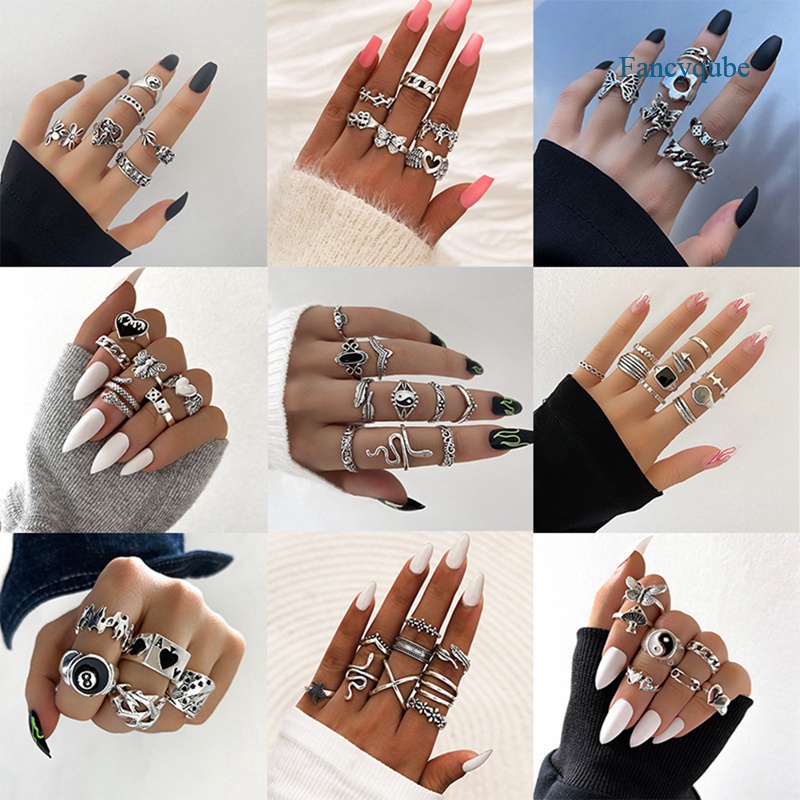 Fancyqube Set Cincin Rantai Desain Kupu-Kupu Bunga Geometris Gaya Vintage Bohemian Punk Gothic Untuk Wanita