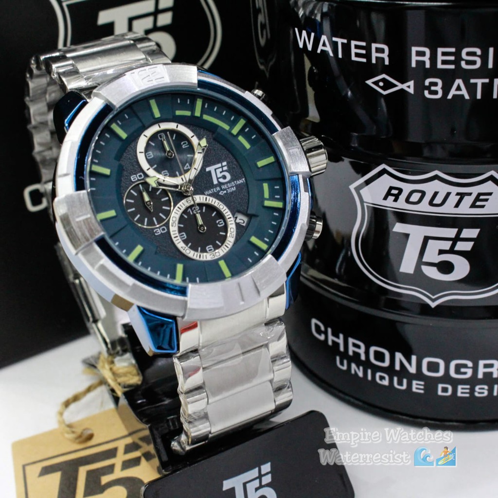 Jam Tangan T5 H3815G 3815 H3815 Pria Cowok Analog Chrono dan Tanggal Aktif Rantai Stainless Original