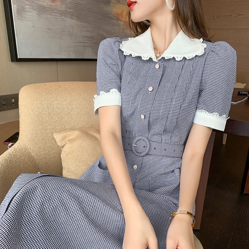 【Rozen】Short Sleeve Spliced Turn Down Collar Casual Dress  7333