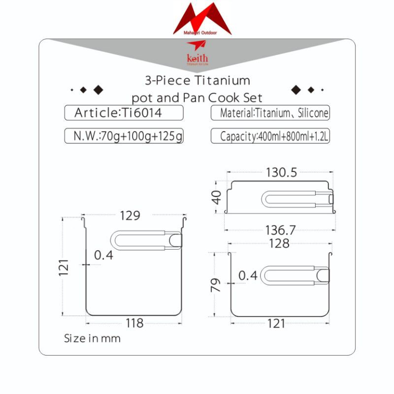 Keith titanium Ti6014 Pot 1200ml 800ml pan 400ml alat masak ultralight camping cooking set