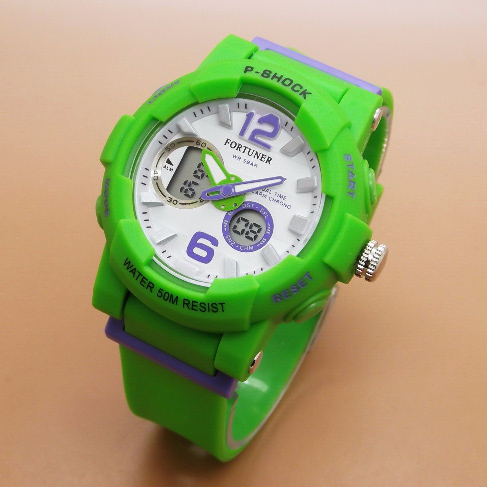 Fortuner Wanita: Jam Tangan Wanita / Cewek Fortuner P-Shock Dual Time Rubber Green B_SWH