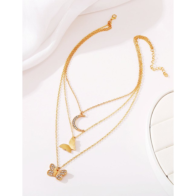 LRC Kalung Fashion Gold Coloren Multi-layered Necklace Butterfly P25098