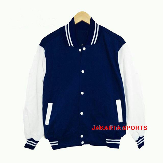 ANAK REMAJA DEWASA PRIA XONE/  PROMO JAKET BASEBALL POLOS NAVY LENGAN PUTIH  SWEATER PRIA  COWOK