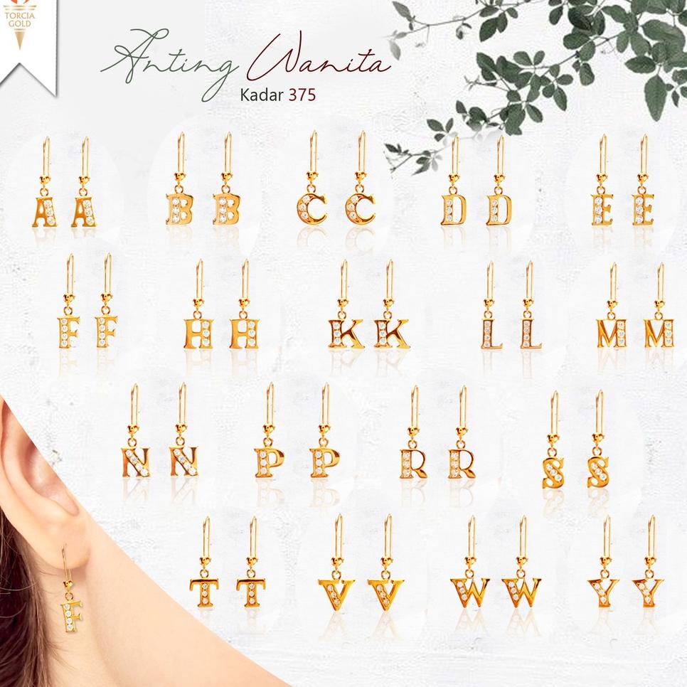 [KODE MHP90] Anting Huruf Wanita Emas Asli Torcia Gold Kadar 375