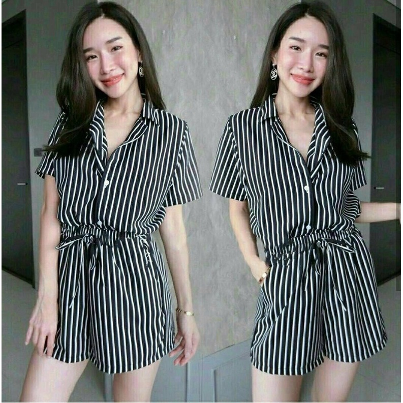 jumpsuit pendek wanita / jumpsuit wanita lengan pendek motif salur