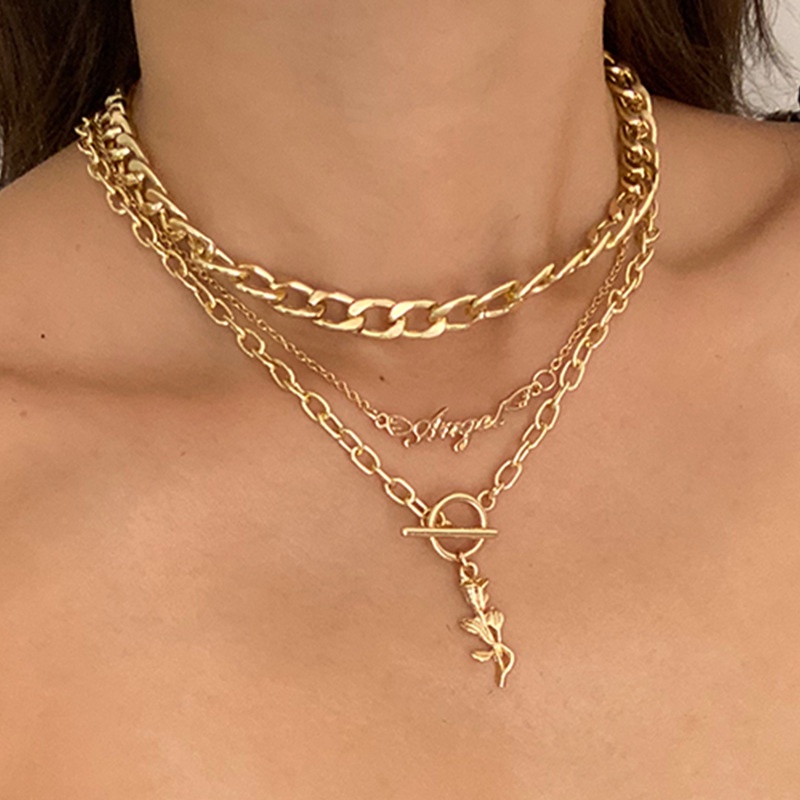 Kalung Rantai Multilayer Dengan Liontin Huruf Ot Bahan Metal Untuk Wanita