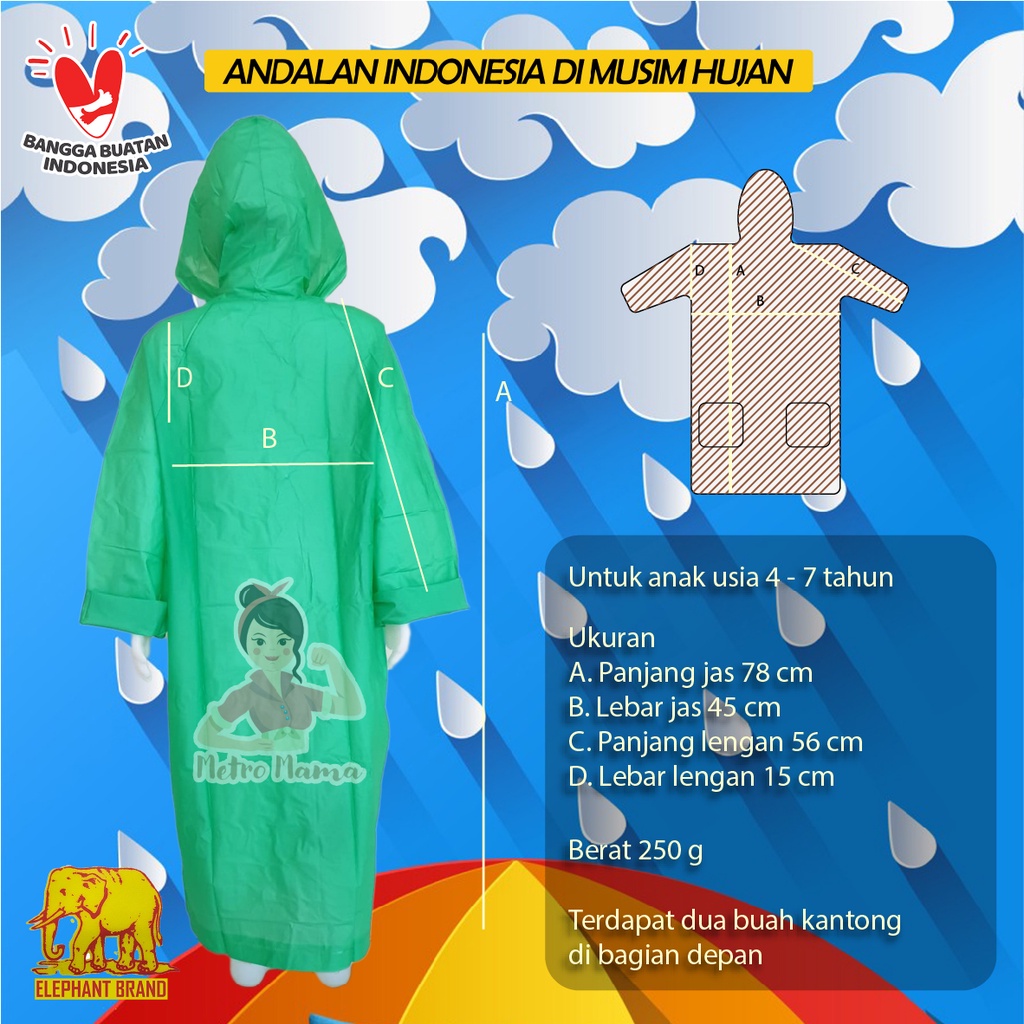 Jas Hujan Anak Raincoat Kiddy Elephant Brand Gajah Asli