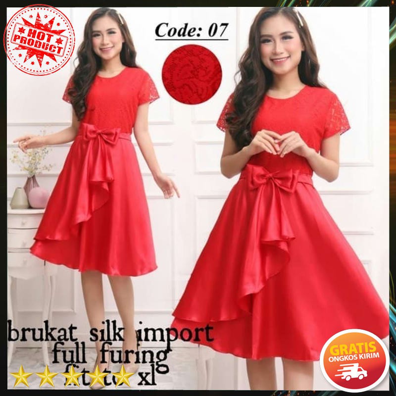 [Dress Red Code 07 UX BC]Dress wanita brukat silk Red1 - Merah /dresswanita casual/ dresswanita