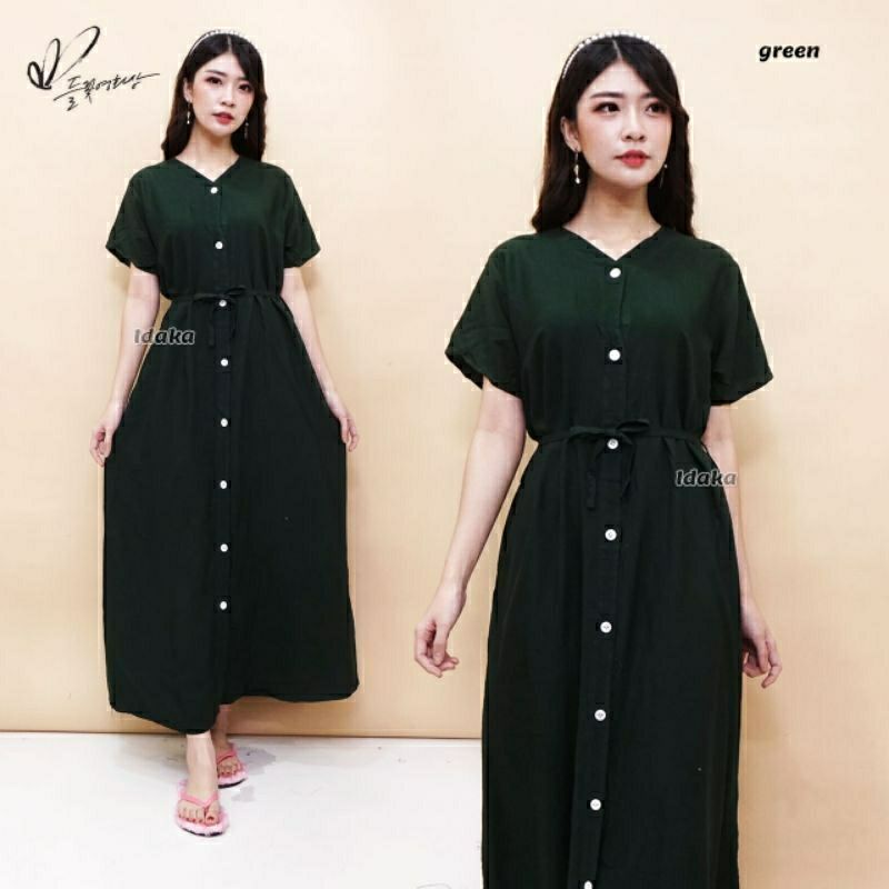 Daster Dress Korean Mega Panjang Lengan Kancing Depan Full Busui Friendly Polos