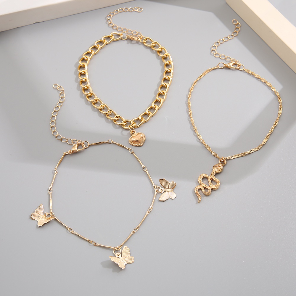 3pcs / Set Gelang Kaki Model Rantai Drop Desain Butterfly Heart Ular Warna Emas Gaya Retro Untuk Wanita