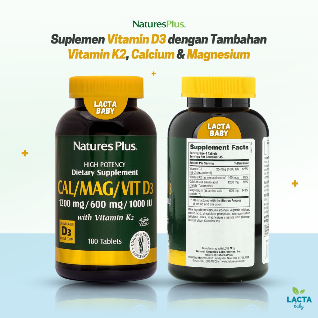 Natures Plus Cal Mag Vit D3 1000 IU with Vitamin K2 180 Tablets | 60 Tablets