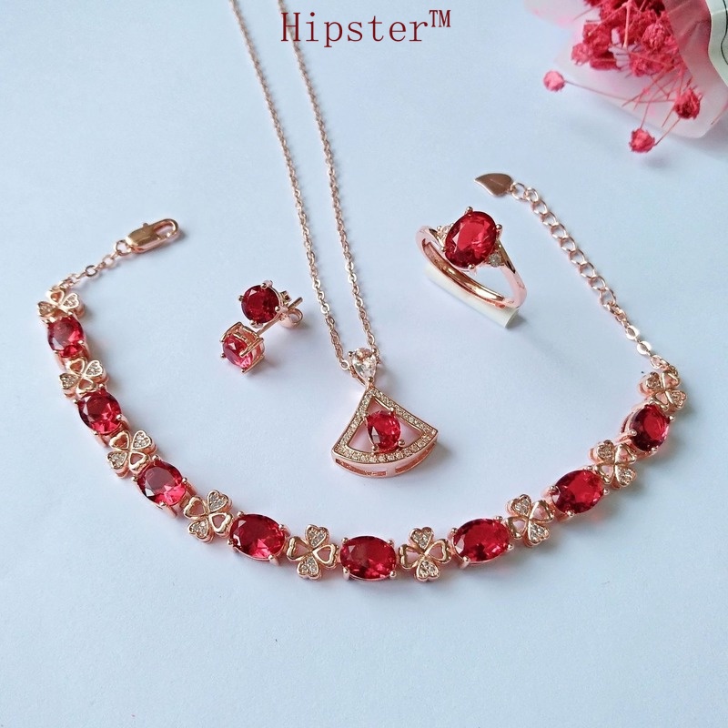 Retro Graceful Personality Fan-Shaped Ruby Pendant Full Diamond Light Luxury Hollow Necklace