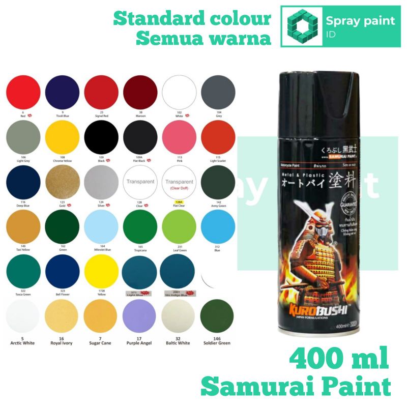 SAMURAI PAINT WARNA STANDARD 400ml cat semprot spray paint pilok pilox hitam merah biru kuning maroo