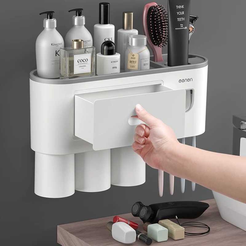 Rak Gantung Kamar Mandi Dispenser Odol Toothbrush Holder 2 Cup Magnet