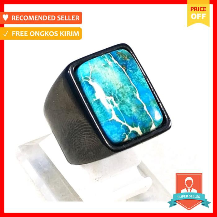 CINCIN BATU AKIK NATURAL PIRUS BIRU OCTAGON RING TITANIUM HITAM