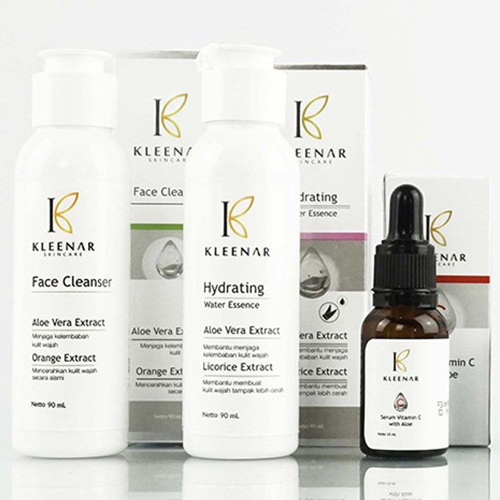 ORIGINAL - PAKET 3IN1 (FES) Face Cleanser, Serum Vit C With Aloe, Essence - Kleenar Skincare BPOM