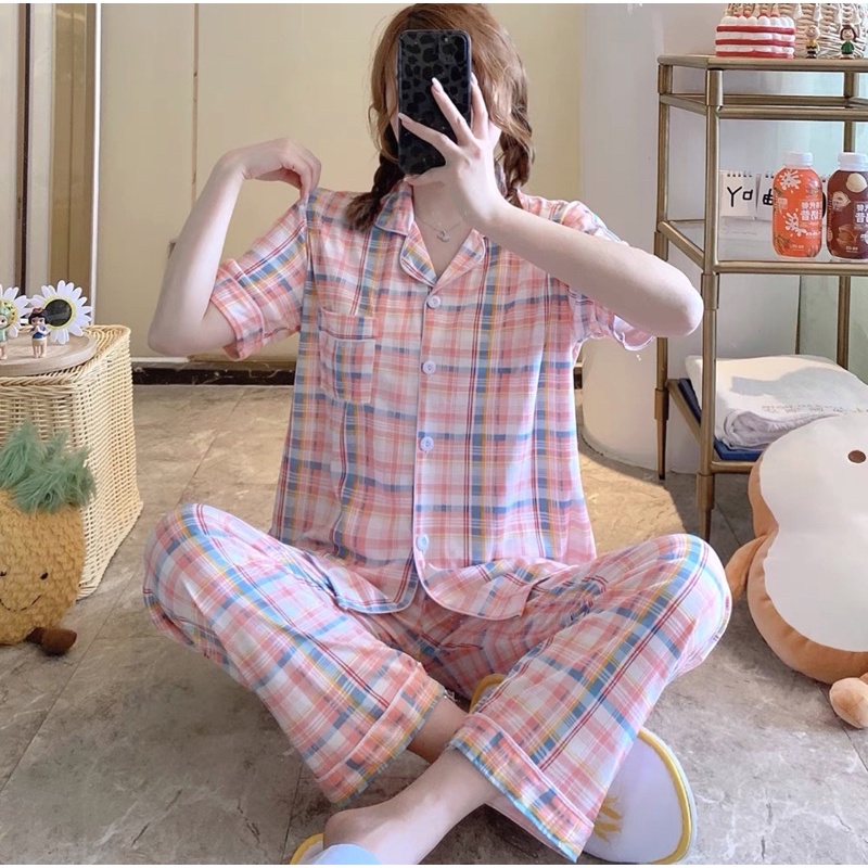 JC- PIYAMA SET Import CP / Piyama wanita Import terbaru / Piyama Import Korean Style-Square Pinky CP