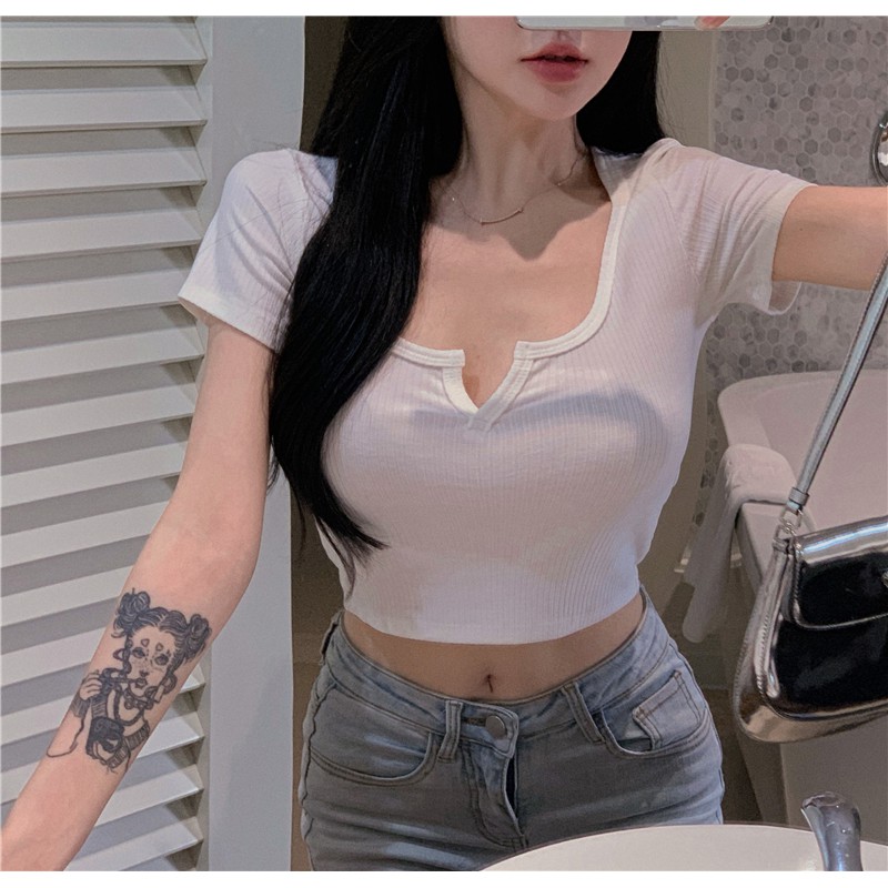 Baru Seksi Off Bahu Tipis Pendek-Lengan untuk Wanita Retro Square Collar Slim FitTT-shirt Bottoming