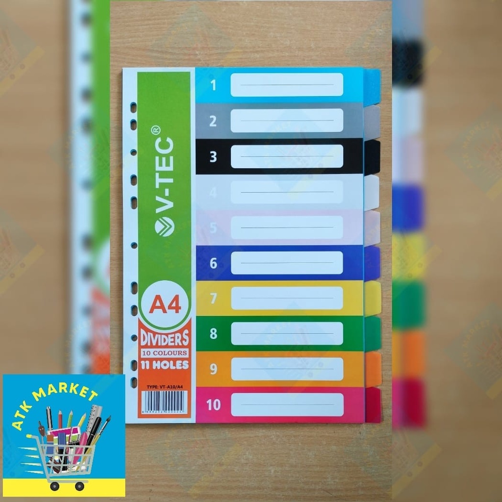 

Divider A4 / Pembatas Odner A4 V-Tec 10 warna bahan Plastik