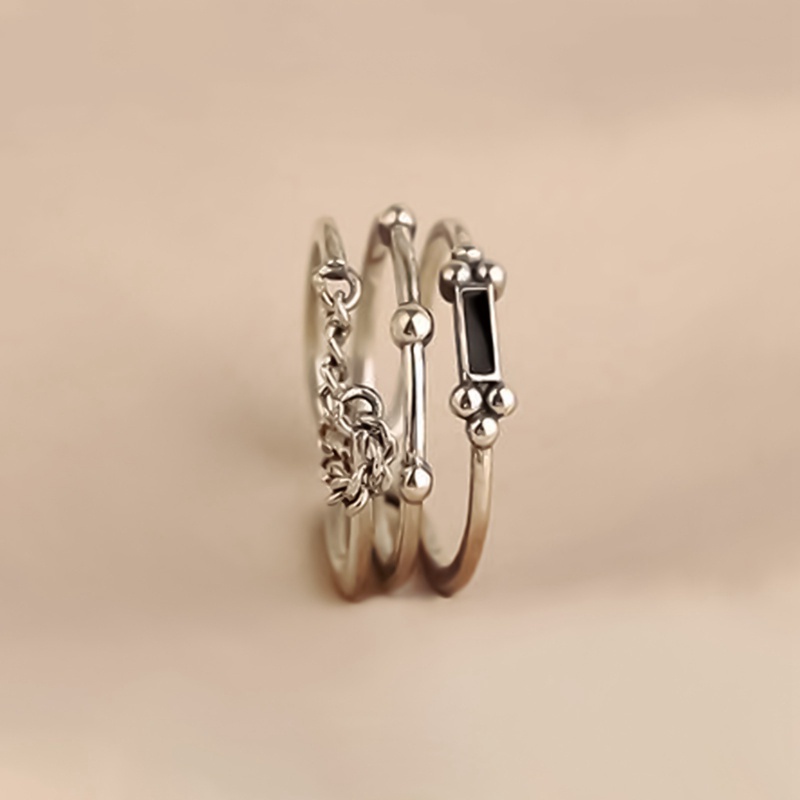Fancyqube Cincin Rantai Multilayer Bentuk Persegi Panjang Warna Hitam Bahan Sterling Silver 925 Untuk Wanita