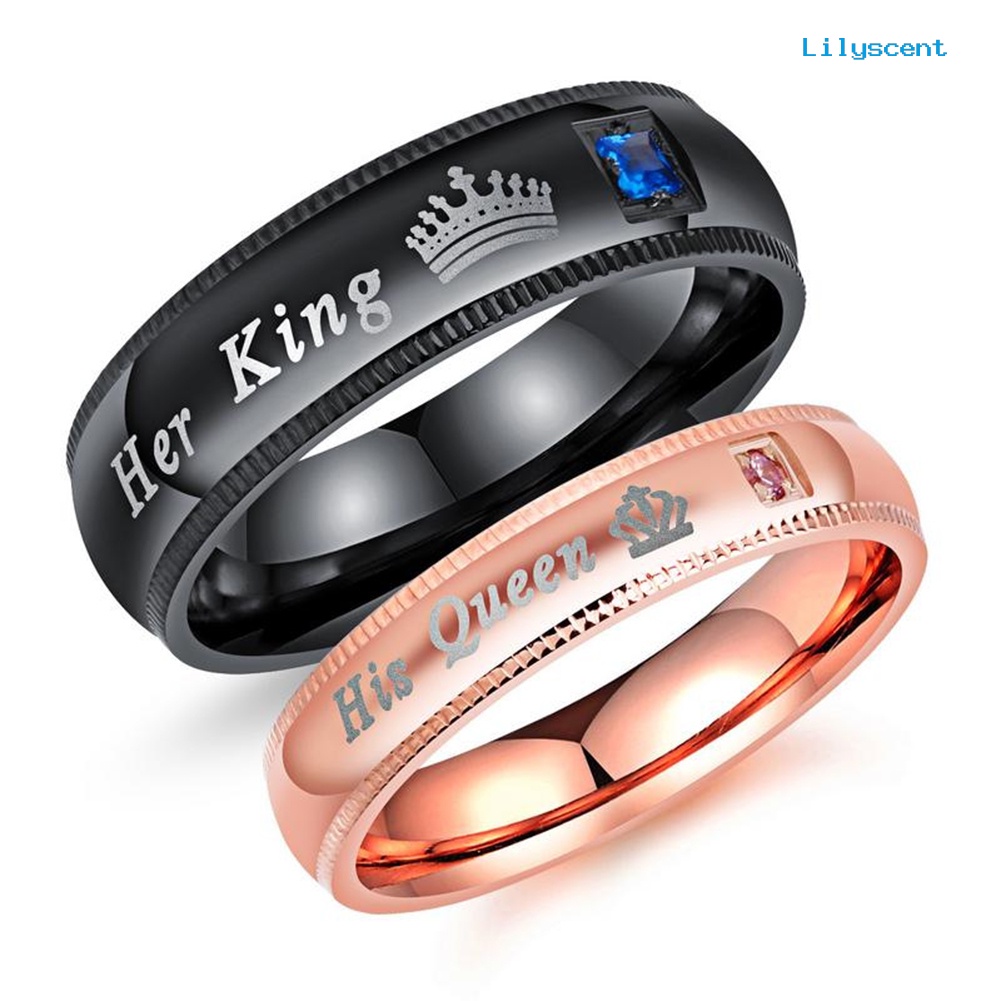 Ls Cincin Titanium Steel Motif Tulisan Her King His Queen Hias Berlian Imitasi Untuk Pasangan