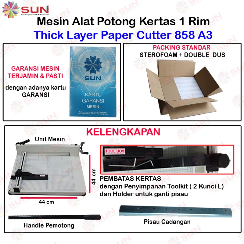 Mesin Pemotong Kertas 1 rim 858 A3 Kualitas Super Premium Garansi 2 Tahun (Alat Potong Kertas hvs, Sticker, Art Paper, Undangan, Buku, Brosur Uk A6, A5, A4, F4, A3) Thick Layer Paper Cutter