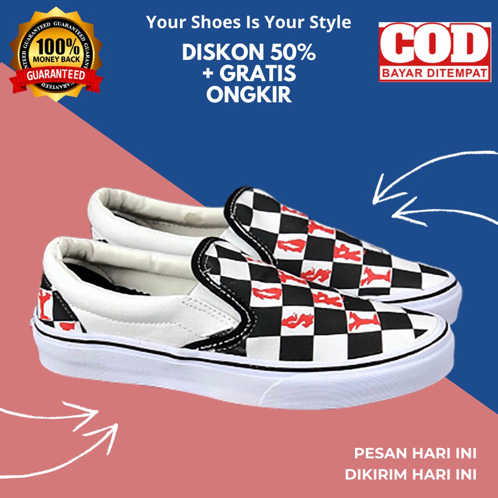 (BISA COD) VANS SLIP ON VIVIENNE WESTWOOD CHECK TRUE WHITE WAFFLE DT / VANS SLIP ON PREMIUM / VANS