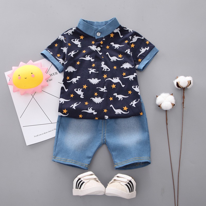 Baju Anak Dinosaurus Import Warna Putih Navy Setelan Kaos dan Celana Dino Denim