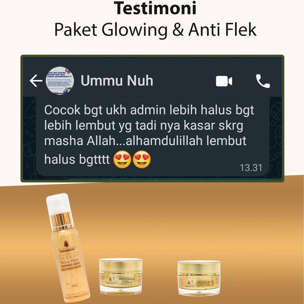 Paket Glowing Gold dr. Ferihana Cosmetics &amp; Skincare Merupakan Paket Perawatan Wajah untuk Kulit Normal Kering Kombinasi yang Mampu Mencerahkan Memudarkan Flek Sekaligus Sebagai Anti Aging