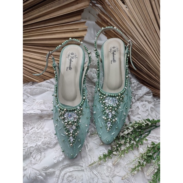 sepatu wanita wedding  kiyarisa sage green 7cm kaca