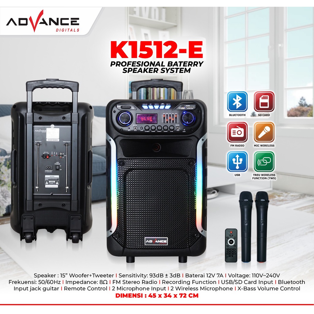 Advance K1512E New Bluetooth Speaker 15 Inch With Guitar Input + 2 Pcs Microphone Wireless