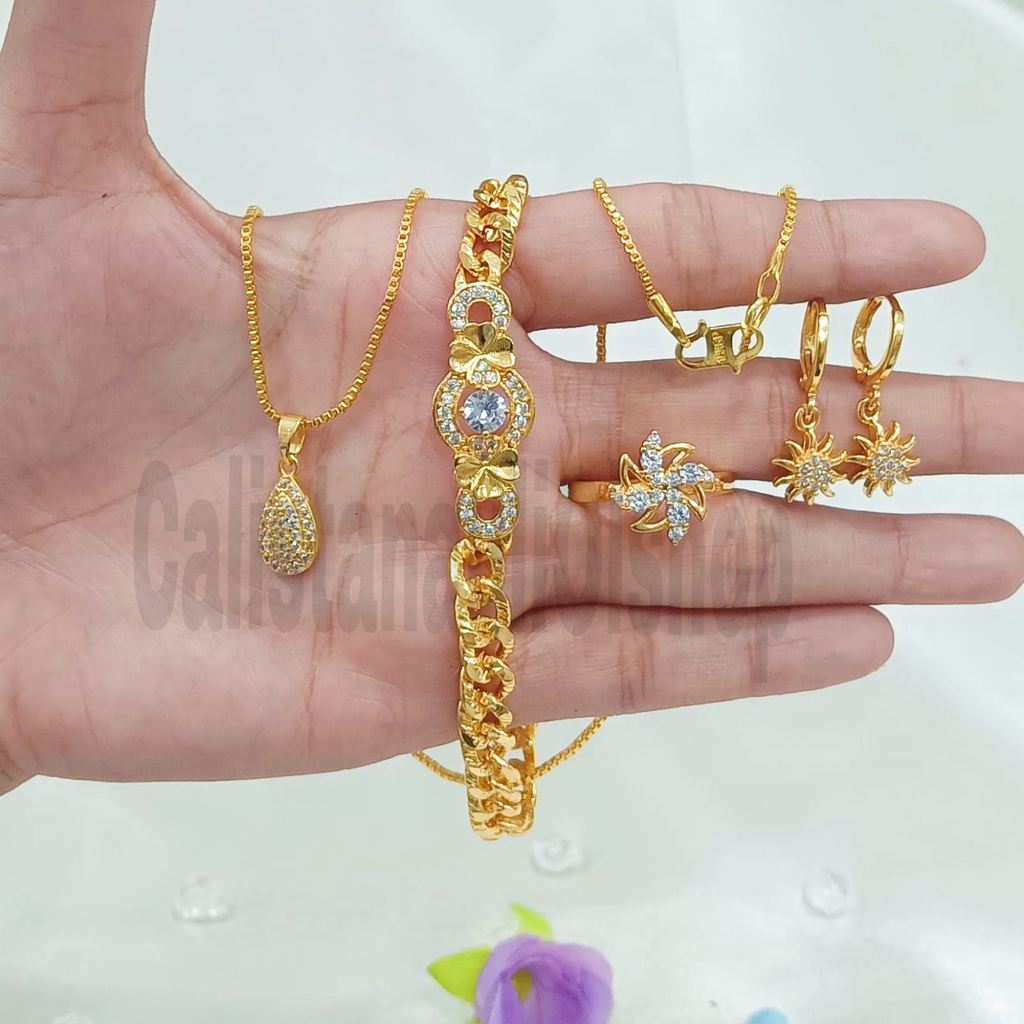 SET DEWASA BUNGA BERJURI ZIRCON PERHIASAN EMAS  KOREA ANTI KARAT DAN ANTI LUNTUR