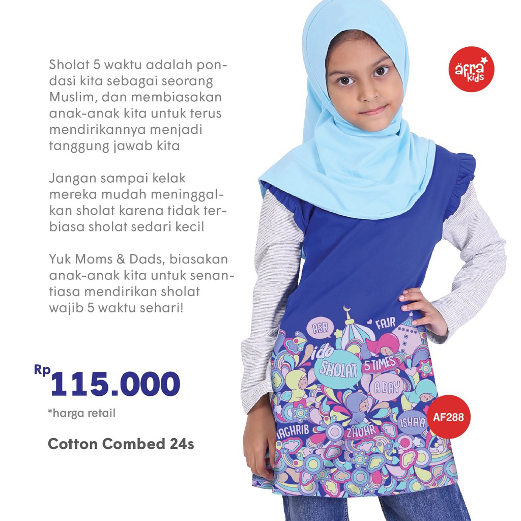 Kaos Tunik Anak Afrakids AF288 &quot;I Do Sholat 5 Times A Day&quot; Warna Biru Pon