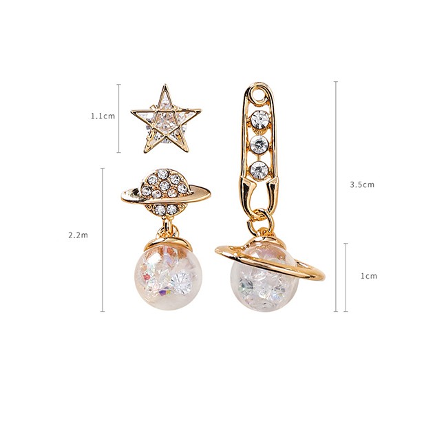 LRC Anting Tusuk Fashion Gold 925 Silver Needle Star Zircon Planet Three-piece Earrings F68102