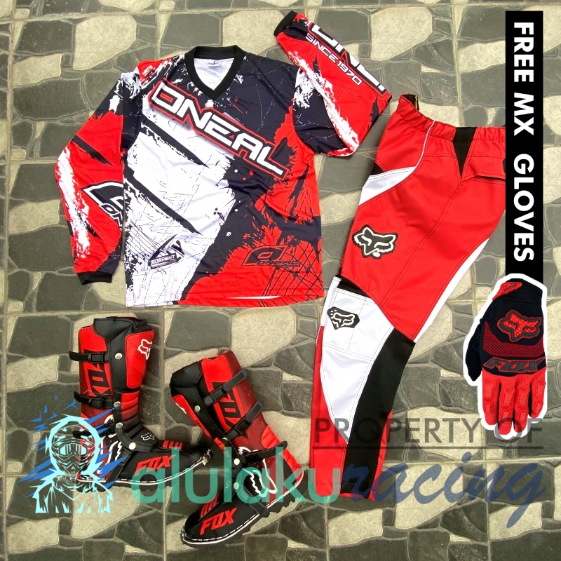 Jersey, Celana, Sarung Tangan &amp; Sepatu Fullprint with Protectors Fullset MX Trail Motocross - Paket Bundling ONCTFG011003-F43
