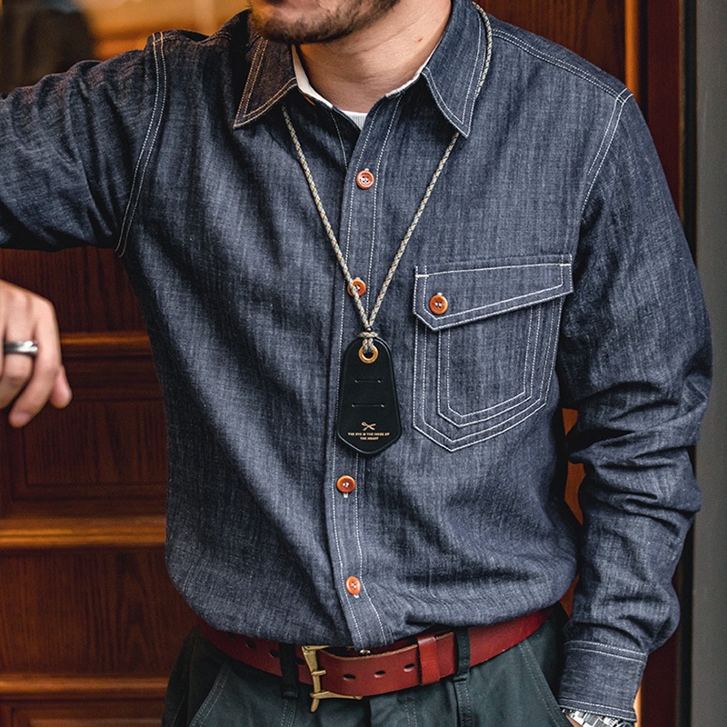 Madden Workwear American Retro Perban Gaun Lengan Panjang Kemeja Denim  Amekaji Pria Tangguh Shirt  