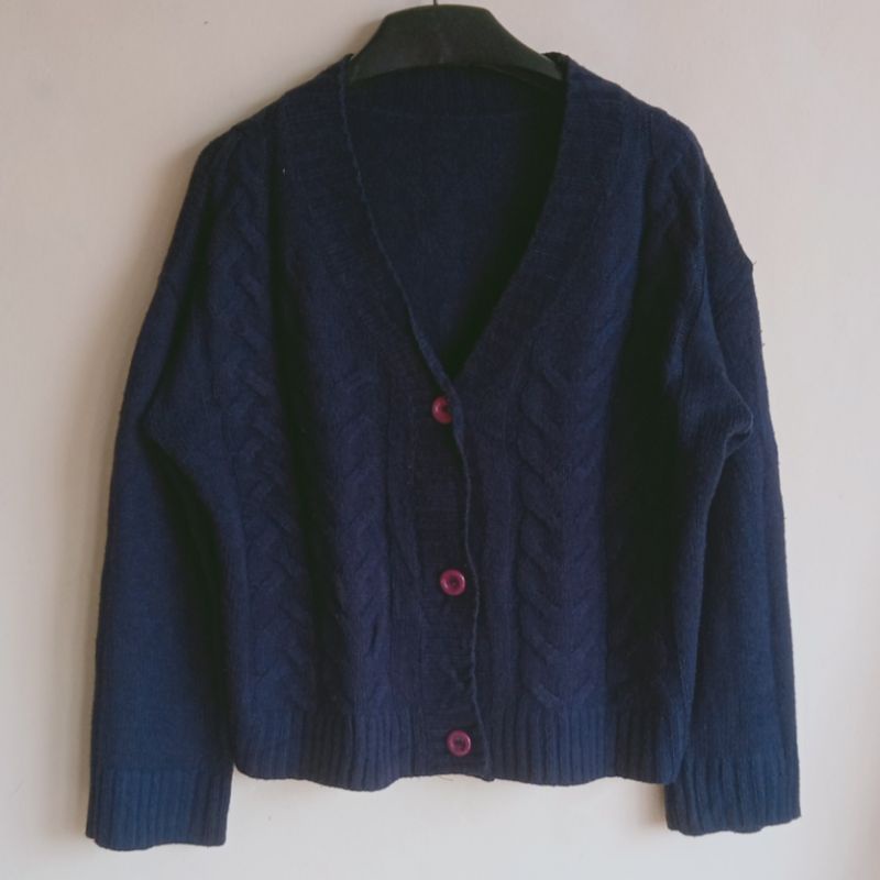 Cardigan Kepang Oversize Cable Knit Deep Navy - Preloved