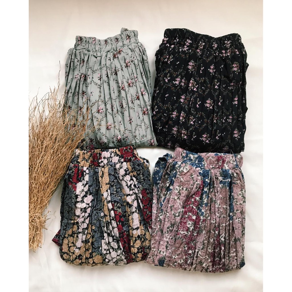 Rok Plisket Prisket / Rok Import / Rok Bunga / Maxi Skirt Motif Lucu Floral Bunga Vintage