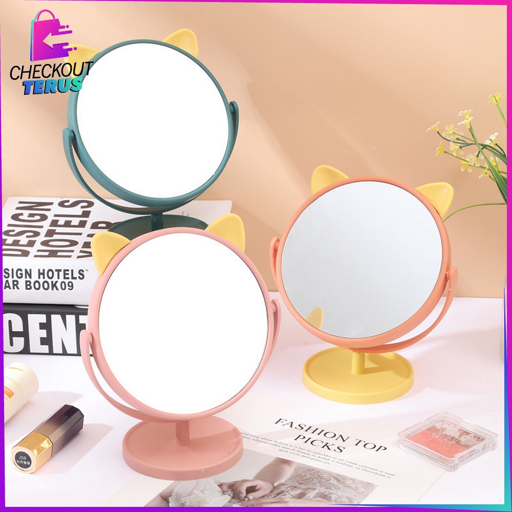 CT K88 Cermin Rias Karakter Motif Kuping Kucing Kaca Make Up Bulat Standing Mirror Make Up Cermin Mirror Aksesoris Kecantikan