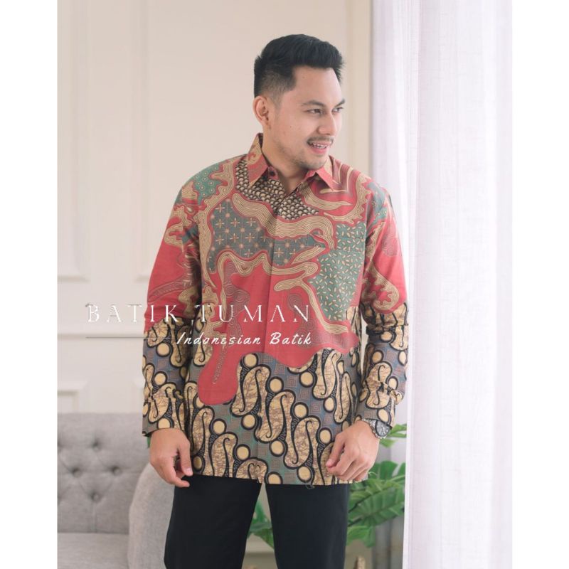 New..ATASAN PRIA BAJU BATIK LENGAN PANJANG LAPIS FURING KATUN BATIK MERAH TUMAN