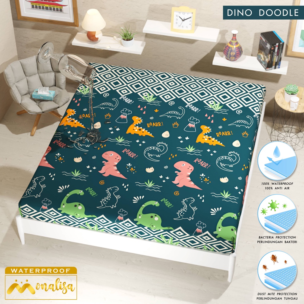 Monalisa Waterproof Sprei Uk 160/180 - Dino Doodle