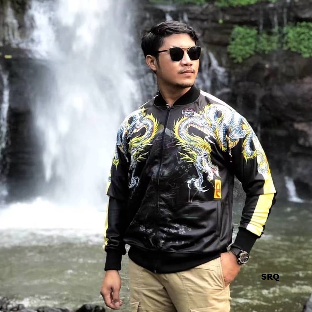 Jaket Sukajan Naga Bahan Lotto Jacket Dragon Jepang Japan Warna Hitam Kombinasi Kuning Ungu Pria Lel