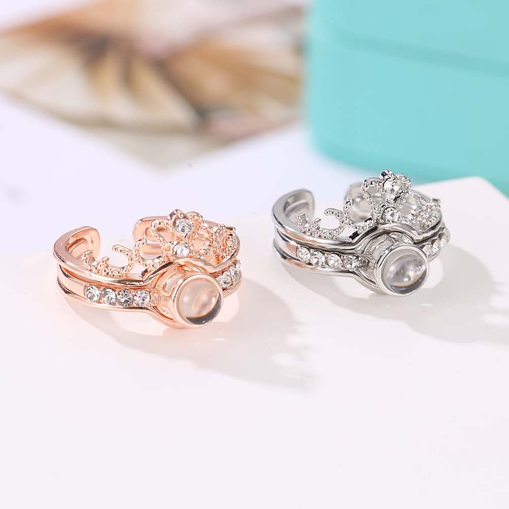 Hu Hu Hu Hu Hu Alat Bantu Pasang Kacamata♡ 2pcs / Set Cincin Model Terbuka Desain Mahkota Proyeksi I Love You 100 Bahasa Hias Berlian Imitasi Untuk Wanita