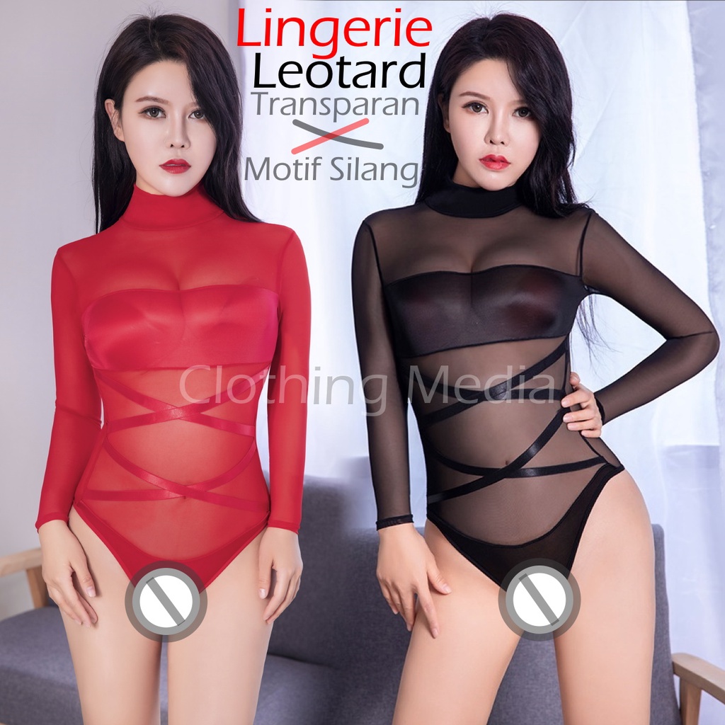 Baju Leotard Motif Silang Transparan Lengan Panjang Halus Bodysuit Tipis