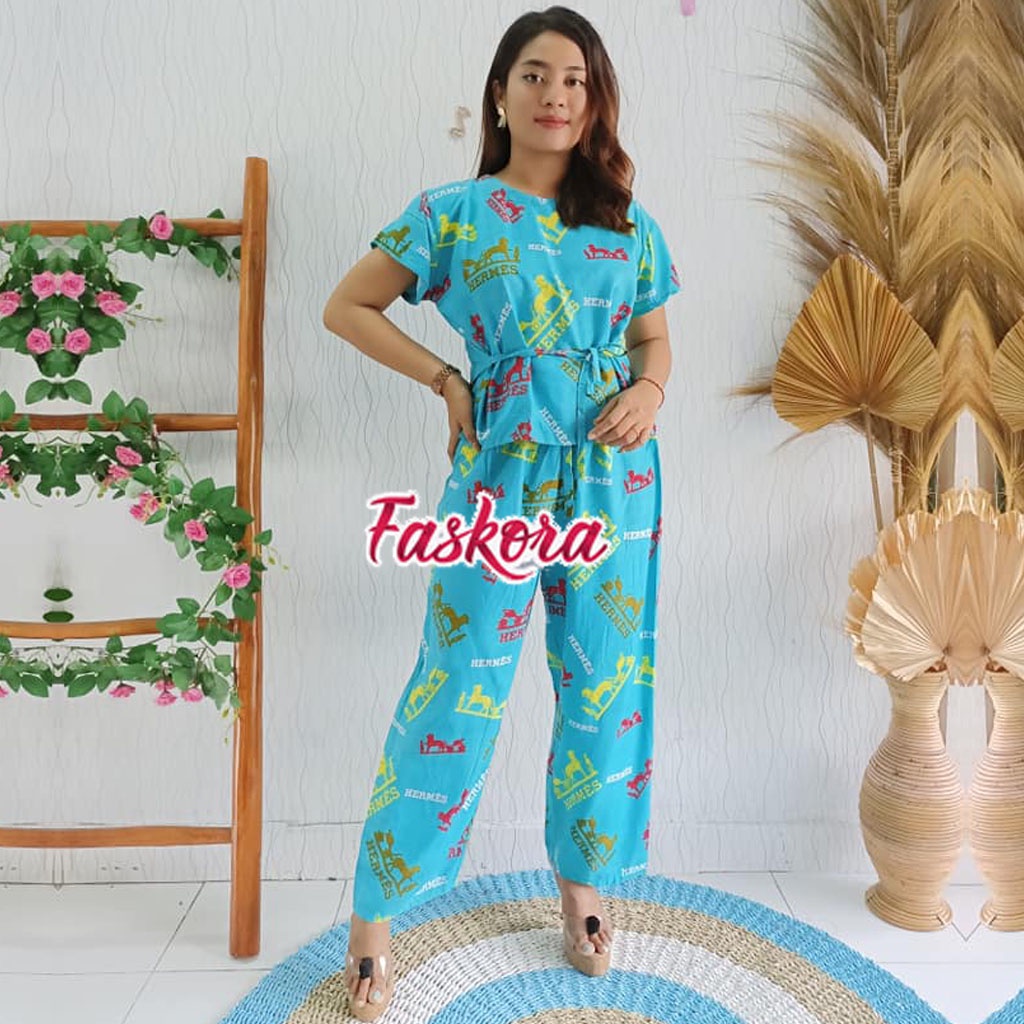 Piyama Rayon Jumbo Lengan Pendek One Set Wanita Kekinian Remaja Pajamas Polos Kombinasi Auristela-HRMS Biru