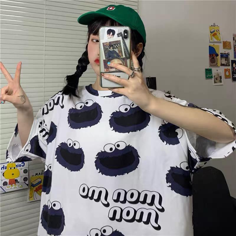 Oversize Tee Tshirt   Model Longgar Untuk Wanita Motif Elmo Nomnom