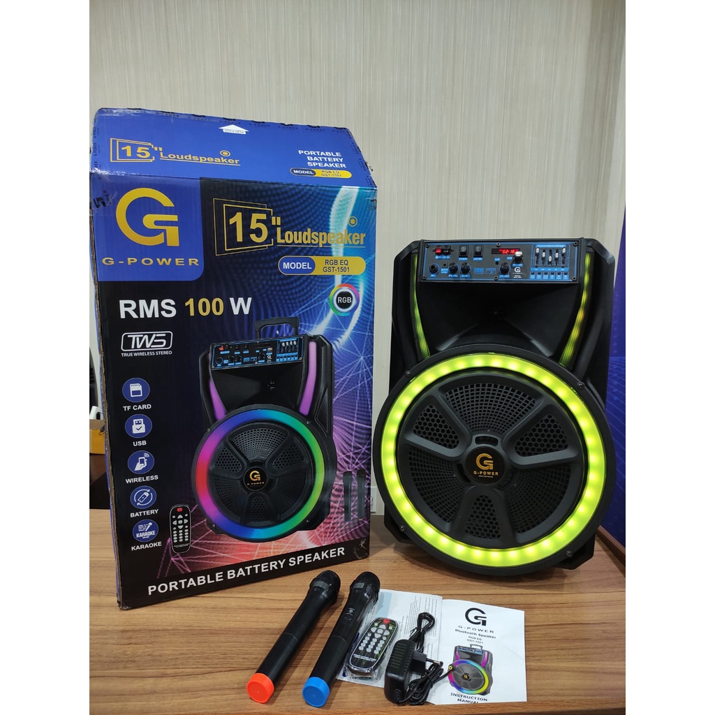 G-POWER Portable Battery Speaker Aktif  RGB EQ Gst 1501 Bluetooth 15' Karaoke free 2 Mic Original Termurah