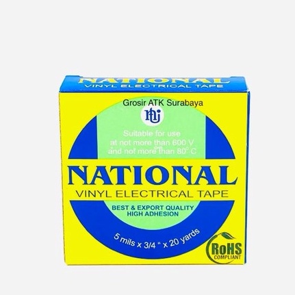 

( DAPAT 1 PCS ) ISOLASI LISTRIK PVC NATIONAL / VINYL ELECTRICAL TAPE NATIONAL 5 Mils x 3/4" Inch x 20 Yard Hitam